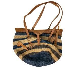 Jute Striped Leather Handle Sisal Market Basket Woven Tote Handbag